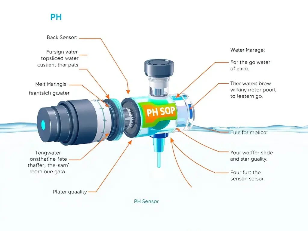 A diagram illustrating the pH sensor component of the Aquasense device, explaining how it works and its importance in maintaining water quality.