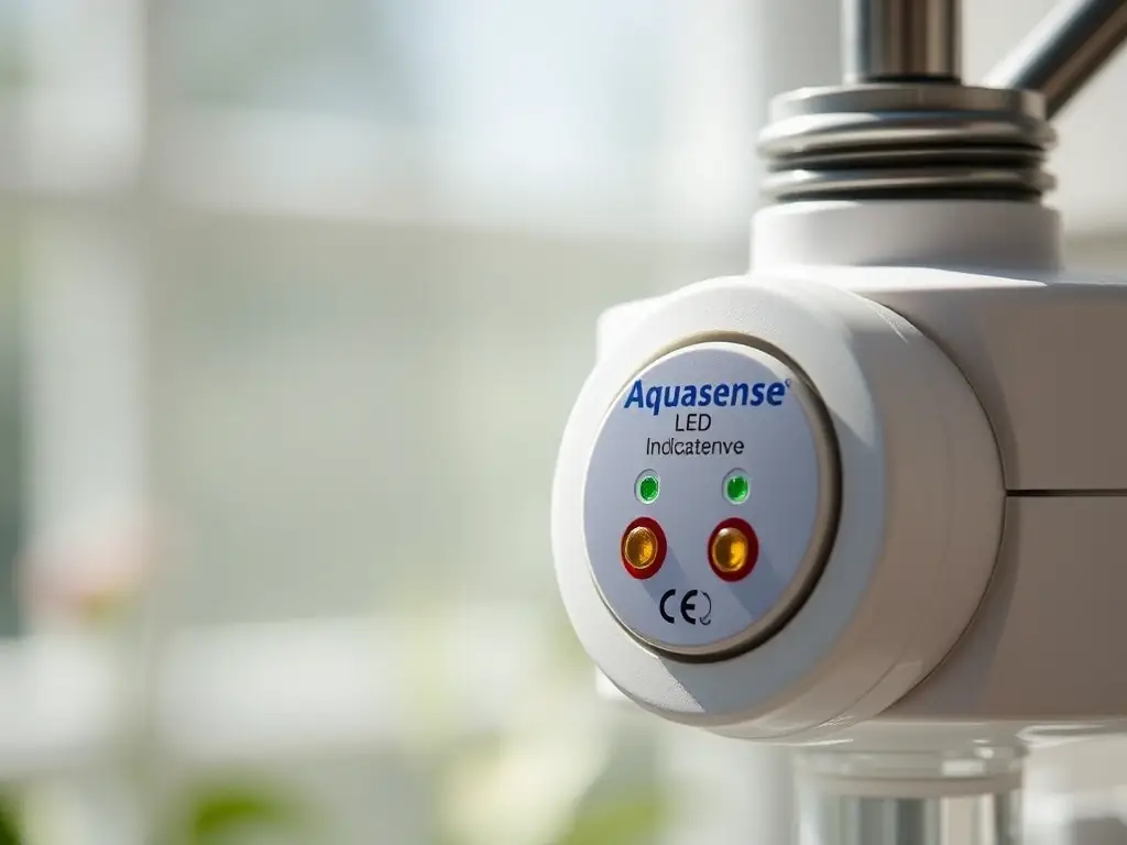 A detailed close-up shot of the Aquasense device showcasing its LED indicator system, highlighting the different color codes for various water levels.